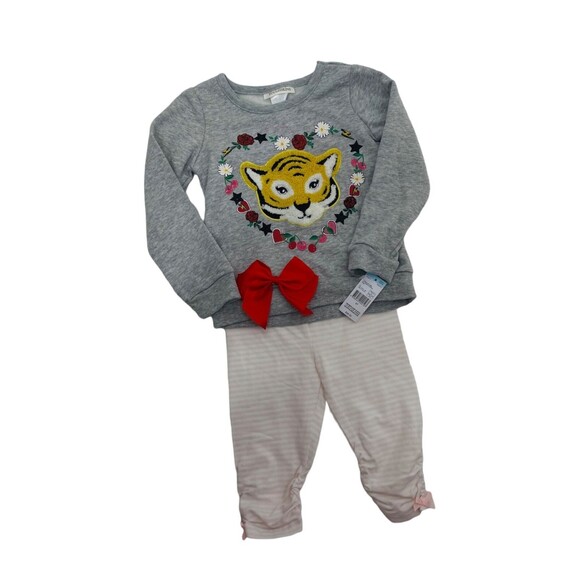Toughskins Girl's Sweatshirt Grey Pink Red 3 Piece Set Bow and Leggings Size 3T - Picture 1 of 6